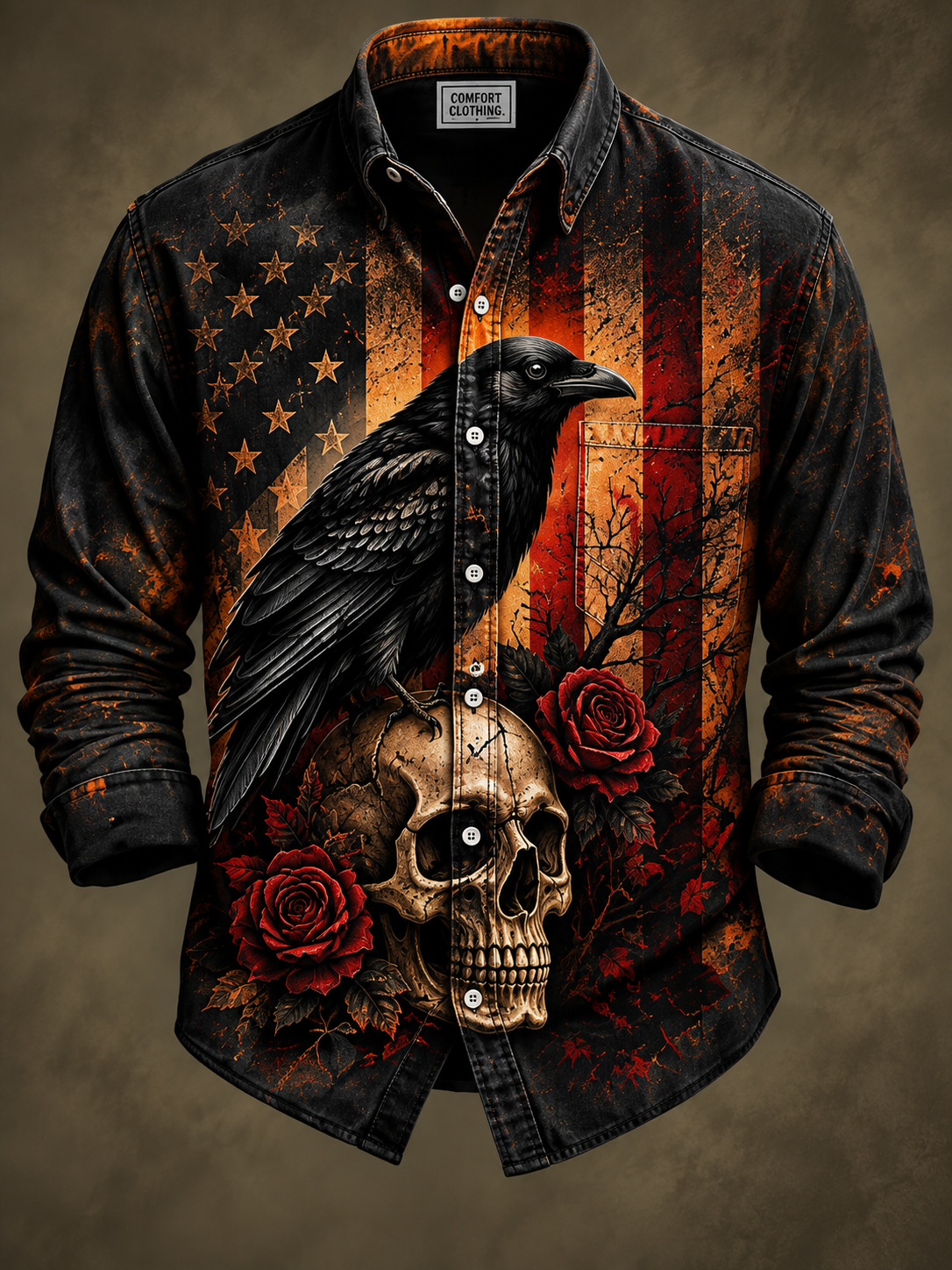 Gothic Skull Halloween Art Print Vintage Casual Long Sleeve Shirt
